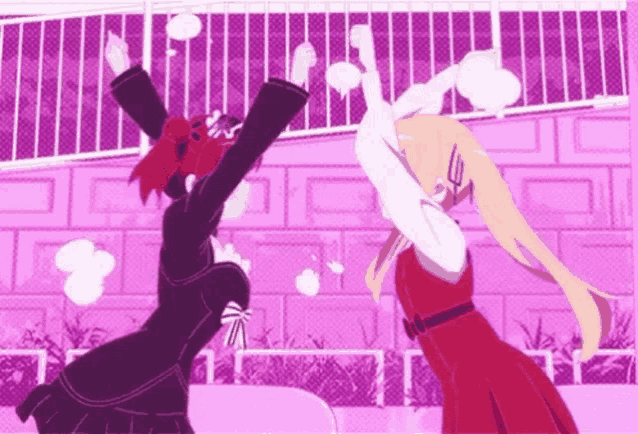 two anime girls are dancing together in front of a pink wall