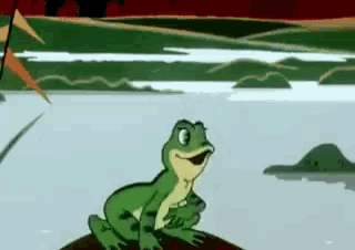 a frog is sitting on a rock in the water .