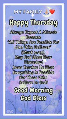 a happy thursday message from my family with purple flowers