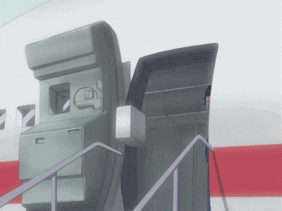a cartoon drawing of an airplane with the door open and a man standing on the stairs