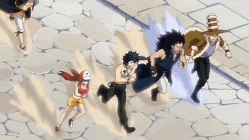 a group of anime characters are running on a brick sidewalk