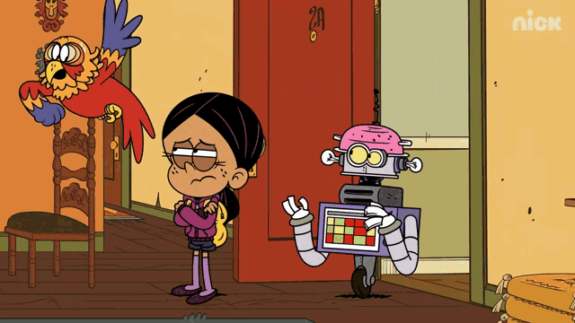 a cartoon of a girl standing next to a robot and a parrot with a nick logo in the corner