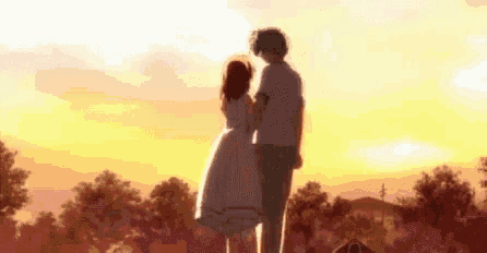 a man and a woman are standing next to each other in a field at sunset .