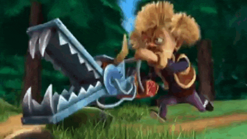 a cartoon character is running away from a monster with a sword in its mouth .