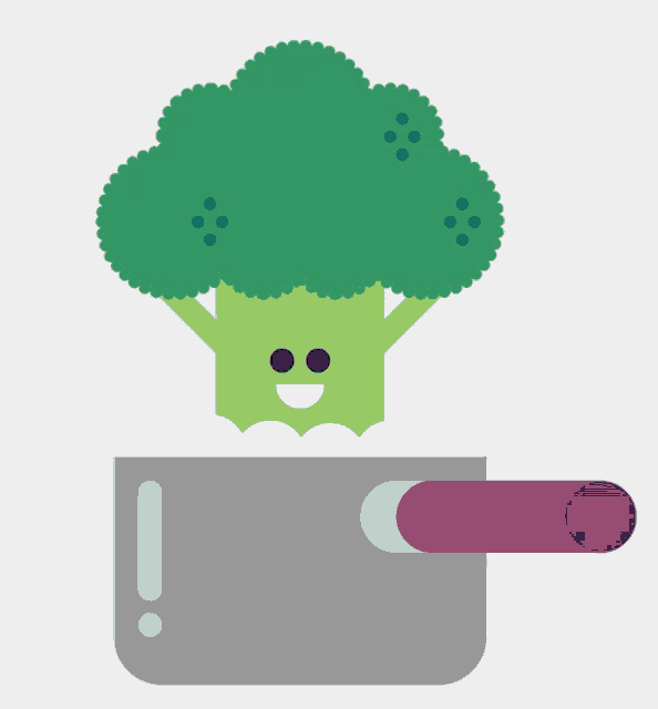 an illustration of broccoli in a pot with a purple handle