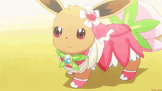 a cartoon eevee is wearing a pink and green dress with a flower on its head .