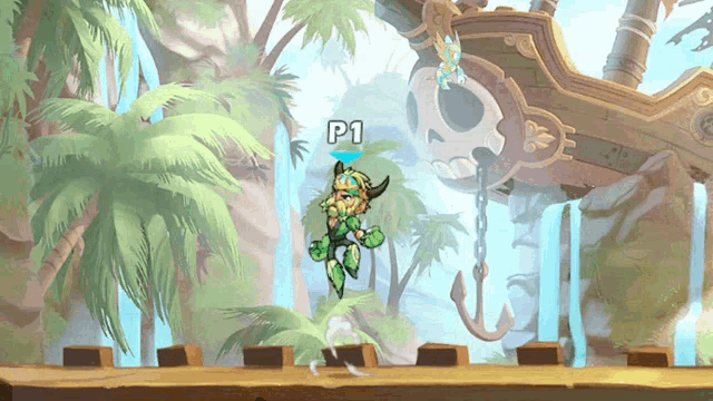 a video game with a character named p1 in the middle of a waterfall