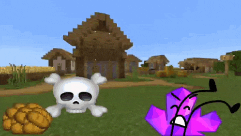 a skull and a purple crystal are standing next to each other in a field in a video game .