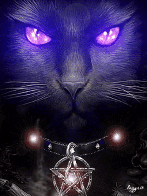 a black cat with purple eyes is holding a pentagram necklace