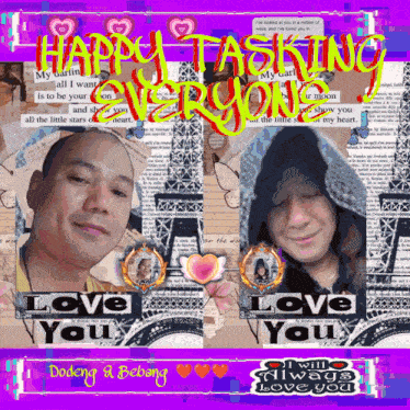 a happy tasking everyone greeting card with two people