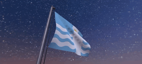 a blue and white flag with waves and a yellow sun on it