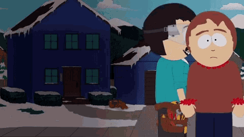 a couple of cartoon characters standing in front of a house
