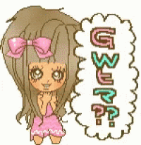 a pixel art of a girl with a pink bow in her hair and a speech bubble .