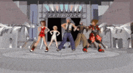 a group of cartoon characters are dancing on a stage in front of a sign that says oooo