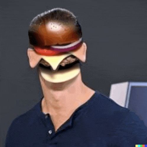 a man with a hamburger on his head is wearing a mask