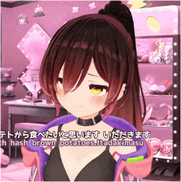a girl with a ponytail says hash brown potatoes in japanese