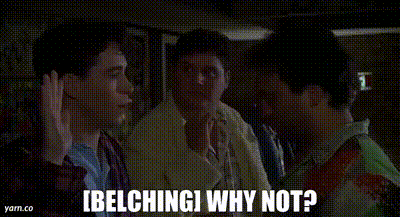 a group of men are standing next to each other and one of them is asking why not .