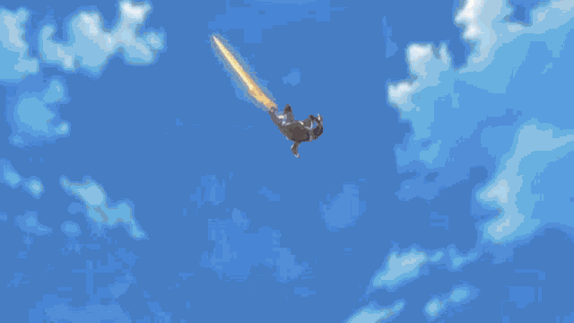 a person is falling upside down in the air with a blue sky in the background