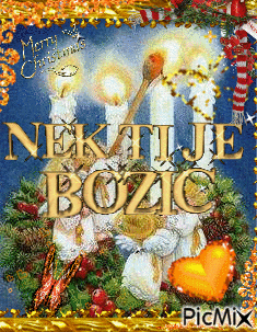 a christmas card with angels and candles says merry christmas in gold letters