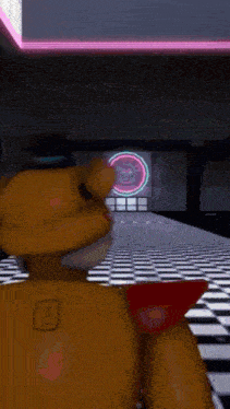 a yellow teddy bear is standing in a room with a checkered floor and a neon sign in the background .