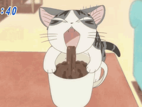 a cartoon cat is drinking from a cup with the time 8:40