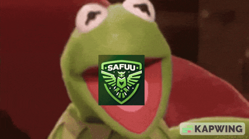 kermit the frog is laughing with a safuu logo in front of him
