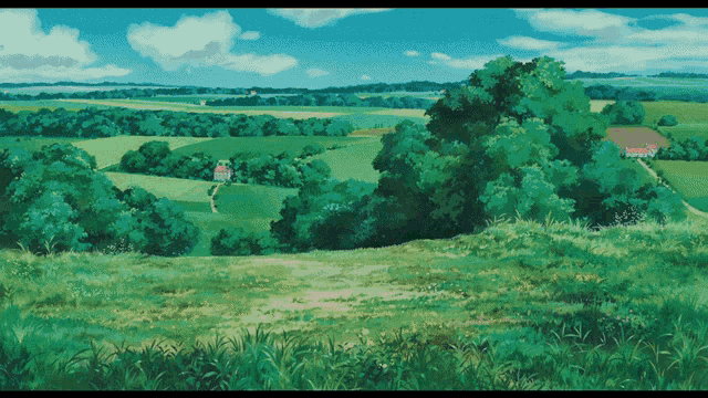 a painting of a lush green landscape with trees and fields