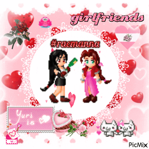 a picture of two girls with the words girlfriends in the corner