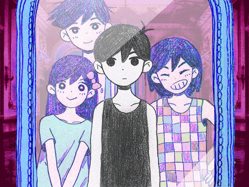 a drawing of a boy and two girls standing next to each other