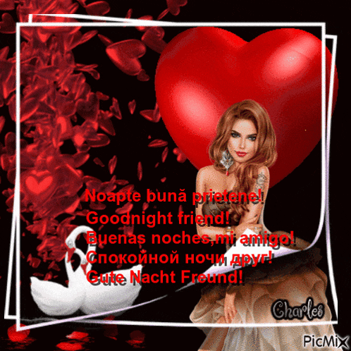 a picture of a woman sitting in front of a red heart with the words goodnight friend written on it