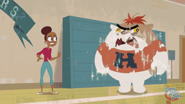 a cartoon of a girl standing next to a bulldog with a h on his shirt
