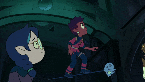 a couple of cartoon characters standing next to each other in a dark room