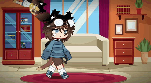 a cartoon of a girl in a living room with a couch
