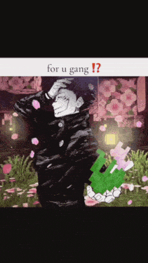 a picture of a man holding a green object with the words for u gang written below him