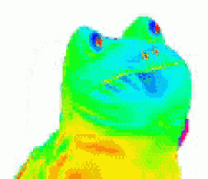 a pixel art of a frog with a rainbow of colors on it 's face .
