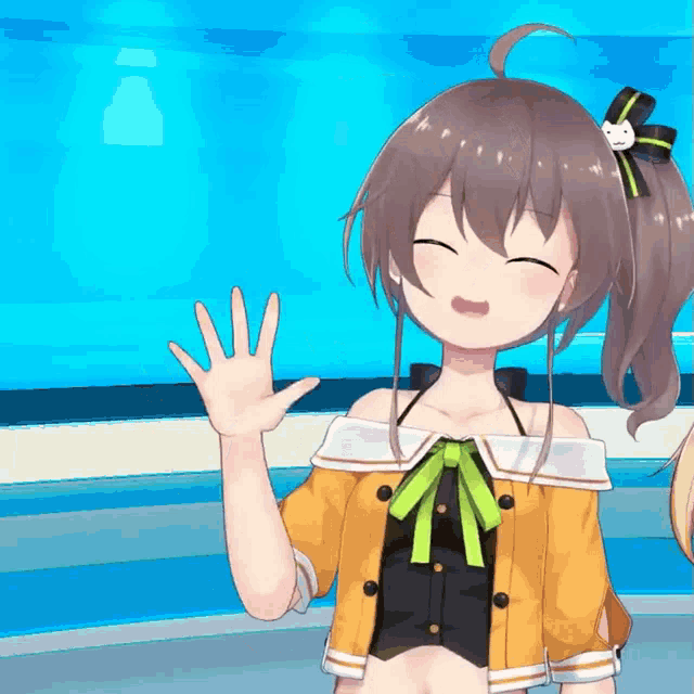 a girl with brown hair and a green bow on her head is waving