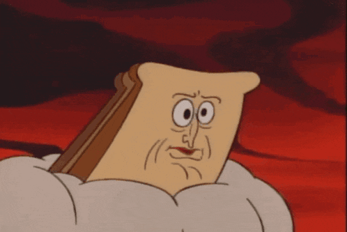 a cartoon character with a slice of bread on his head
