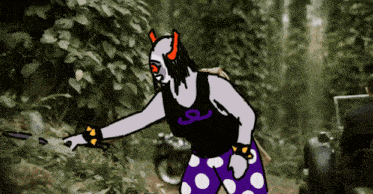 a drawing of a woman with horns wearing a purple tank top with the letter e on it