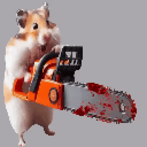 a hamster is holding an orange chainsaw with blood on it .
