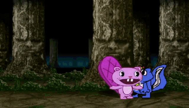 a couple of cartoon characters are standing next to each other in a dark forest .