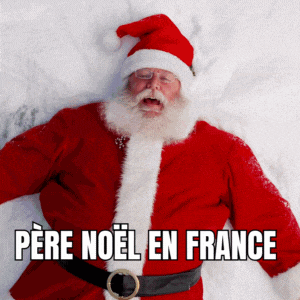 a man dressed as santa claus laying in the snow with the words pere noel en france below him