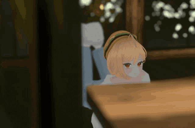 a girl with a hamburger on her head looks over a table