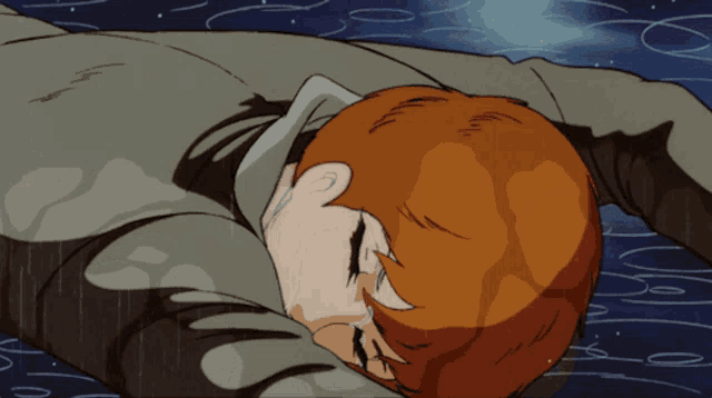 a cartoon of a man with red hair laying down with his eyes closed
