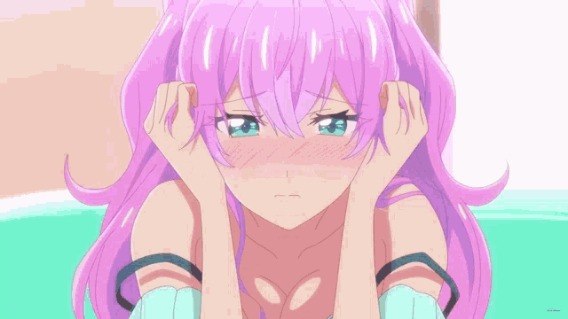a girl with pink hair and blue eyes is making a funny face