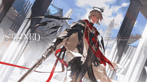 a man with a sword and the word stained