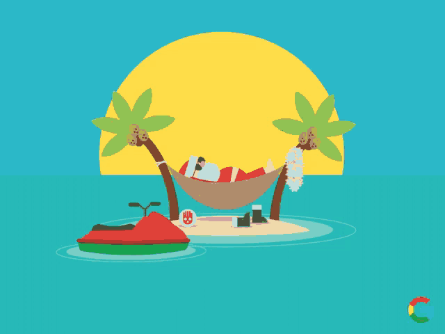 a cartoon of santa laying in a hammock on a small island