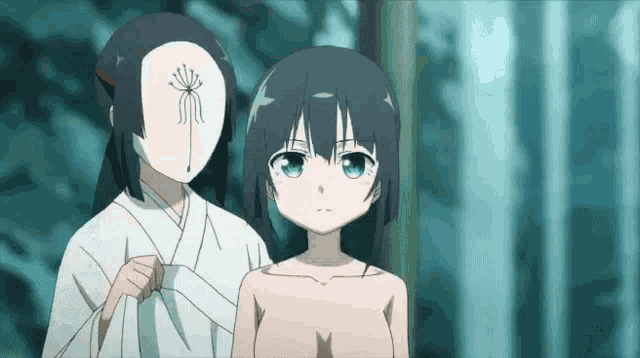 a girl with a mask on her face is standing next to another girl without a shirt .