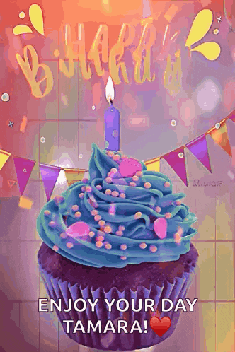 a birthday cupcake with blue frosting and a candle on it