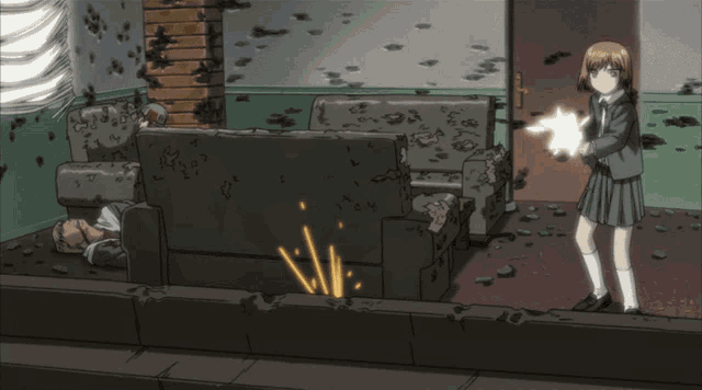 a girl in a school uniform is holding a gun in a room with bullet holes in the walls
