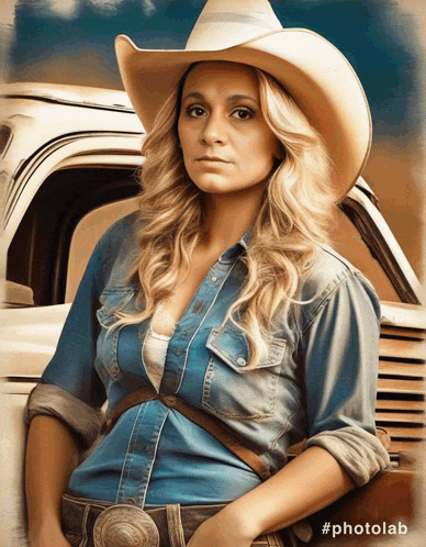 a woman wearing a cowboy hat and a denim shirt is sitting in a truck
